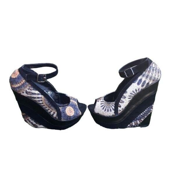 90's Platform Wedge Aztec Tapestry Patchwork Ankle Strap Open Toe Black 5.5 - Picture 5 of 8